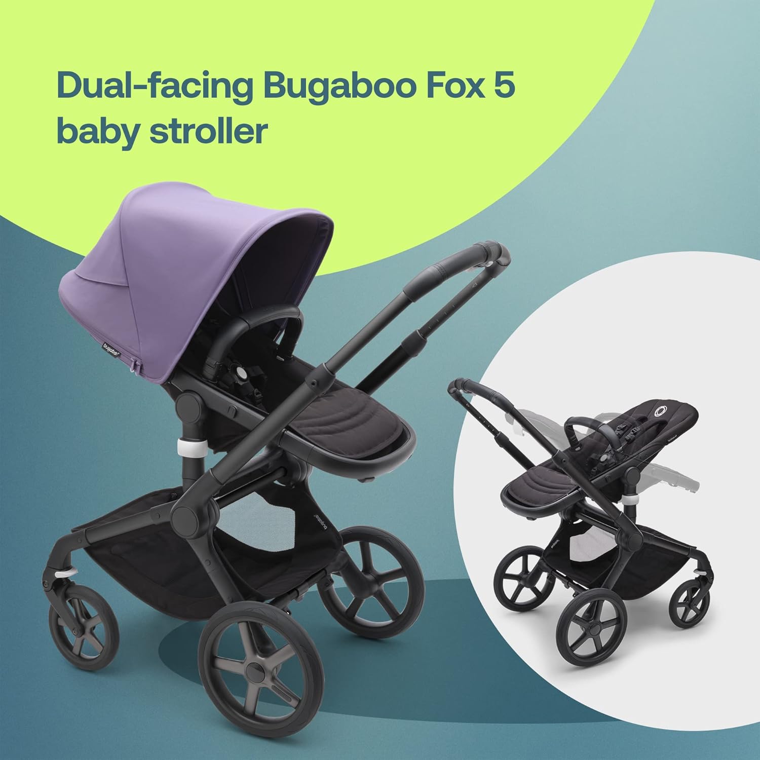 Bugaboo Fox 5 All-Terrain Stroller, 2-in-1 Baby Stroller with Full Suspension, Easy Fold, Spacious Bassinet, Extendable Toddler Seat, One-Handed Maneuverability (Midnight Black-Astro Purple)