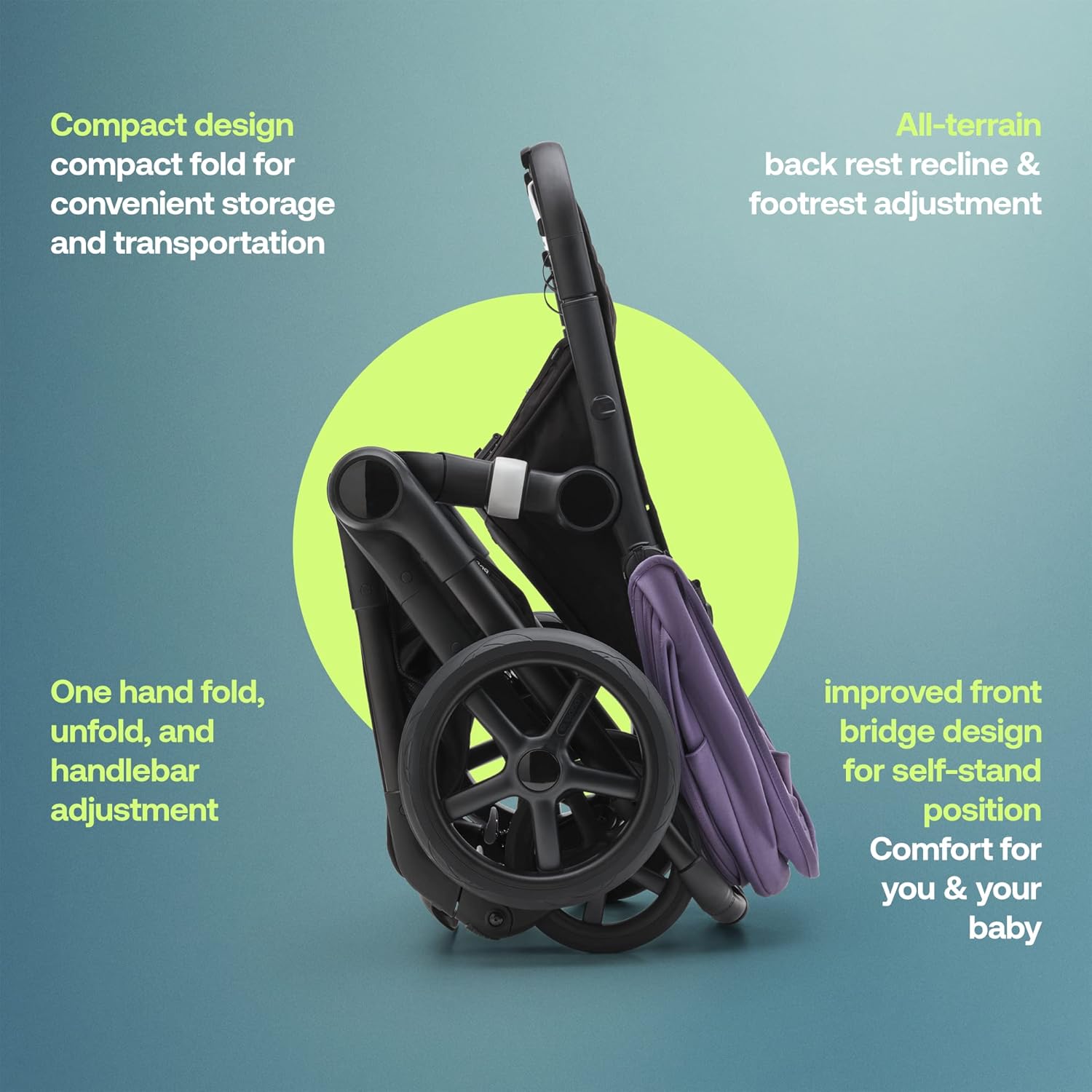 Bugaboo Fox 5 All-Terrain Stroller, 2-in-1 Baby Stroller with Full Suspension, Easy Fold, Spacious Bassinet, Extendable Toddler Seat, One-Handed Maneuverability (Midnight Black-Astro Purple)