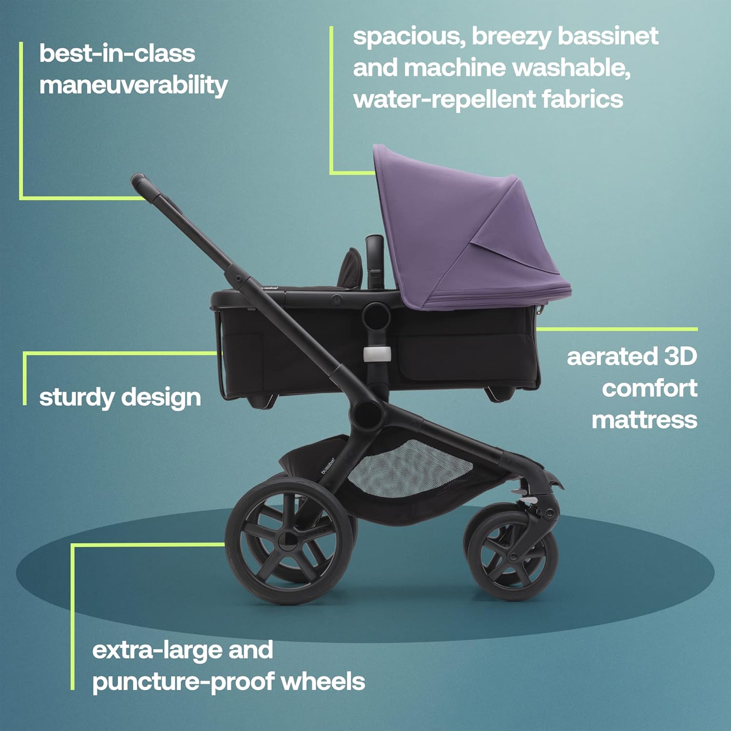 Bugaboo Fox 5 All-Terrain Stroller, 2-in-1 Baby Stroller with Full Suspension, Easy Fold, Spacious Bassinet, Extendable Toddler Seat, One-Handed Maneuverability (Midnight Black-Astro Purple)